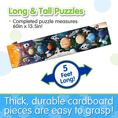 Infographic about Long and Tall Solar System Puzzle's features that says, "Thick, durable cardboard pieces are easy to grasp!"