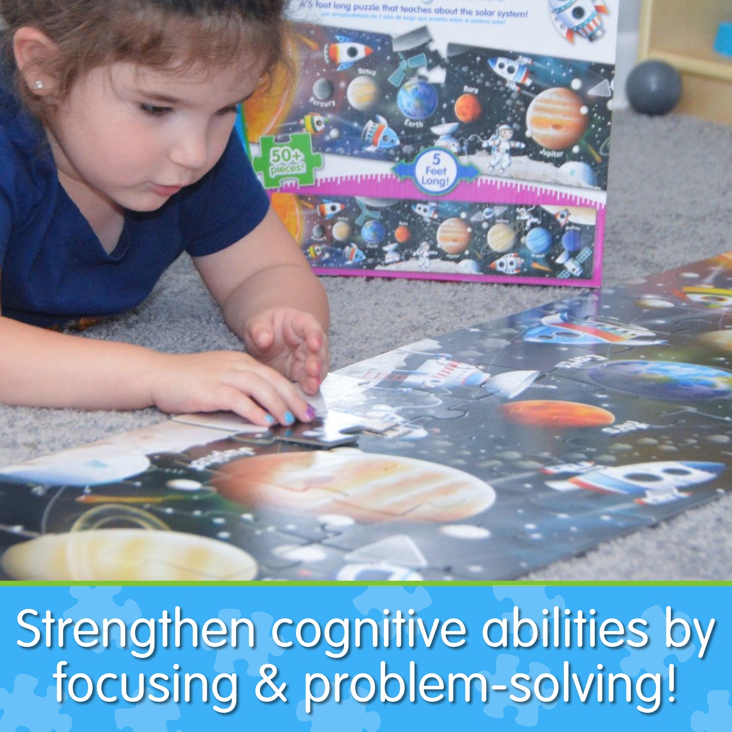 Infographic of little girl assembling Long and Tall Solar System Puzzle that says, "Strengthen cognitive abilities by focusing and problem-solving!"
