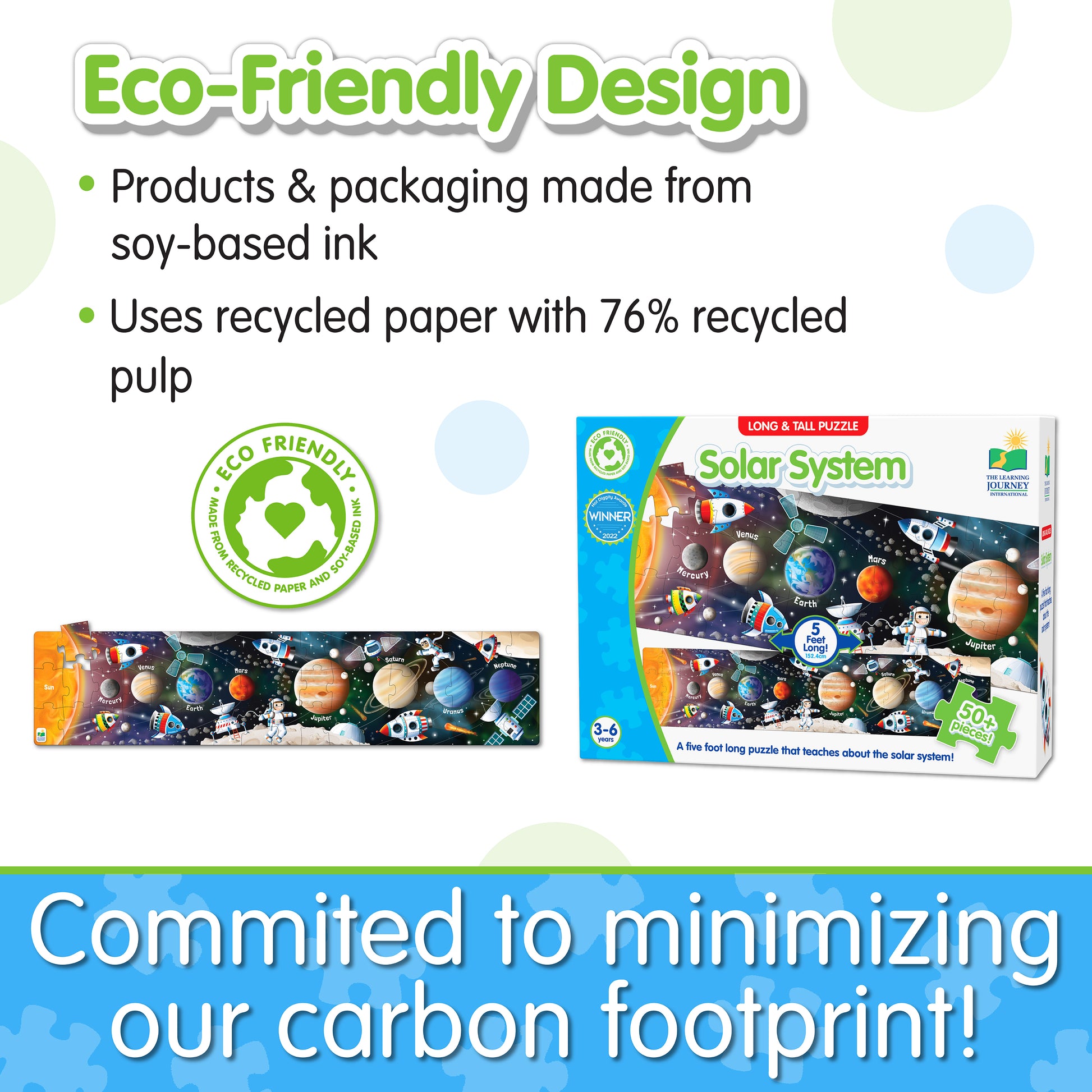 Infographic about Long and Tall Solar System Puzzle's eco-friendly design that says, "Committed to minimizing our carbon footprint!"