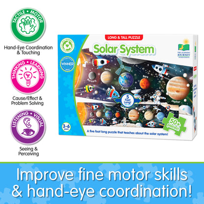 Infographic about Long and Tall Solar System Puzzle's educational benefits that says, "Improve fine motor skill and hand-eye coordination!"
