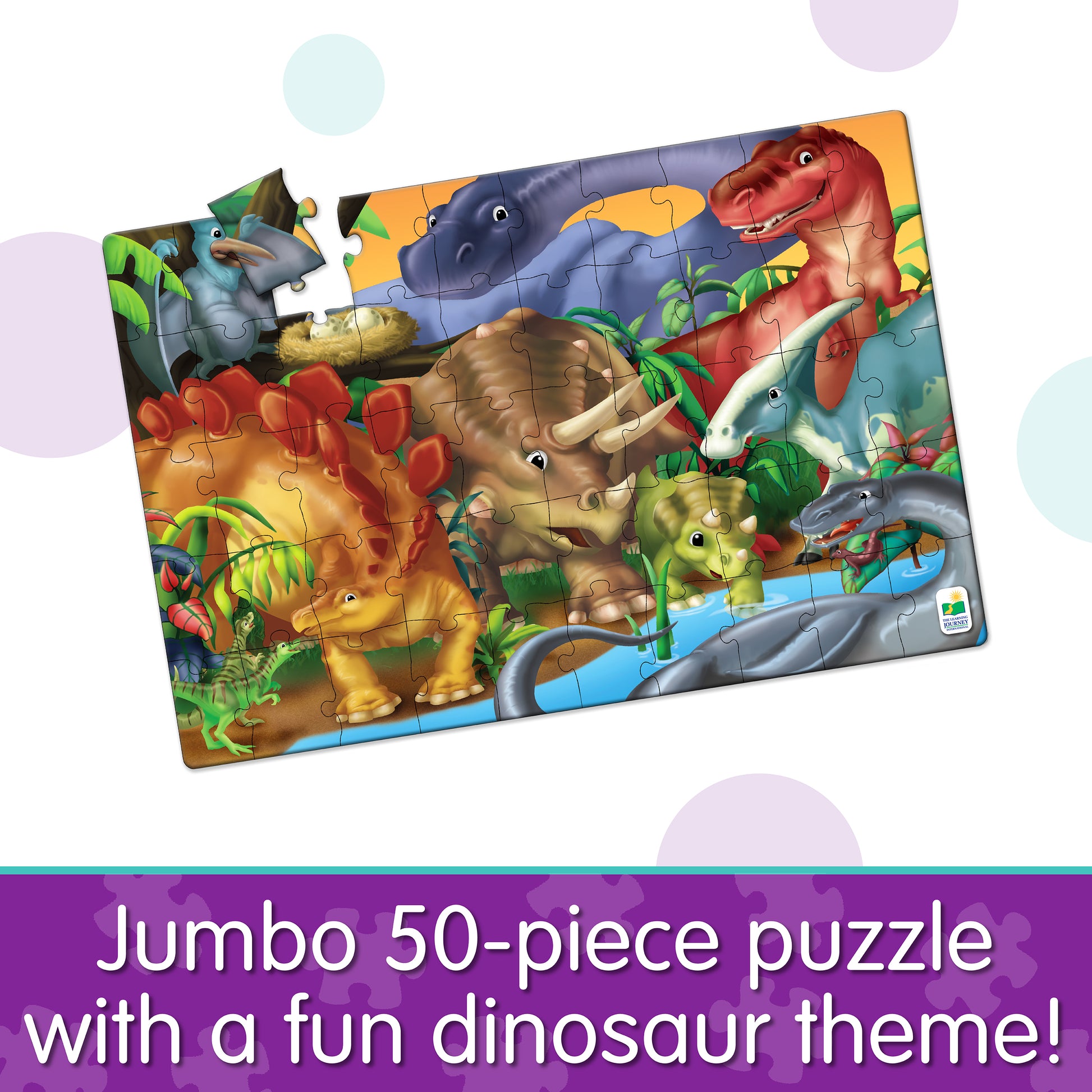 Infographic of Jumbo Floor Puzzle - Dinosaurs that reads, "Jumbo 50-piece puzzle with a fun dinosaur theme!"