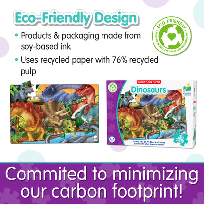 Infographic of Jumbo Floor Puzzle - Dinosaurs' eco-friendly design that reads, "Committed to minimizing our carbon footprint!"