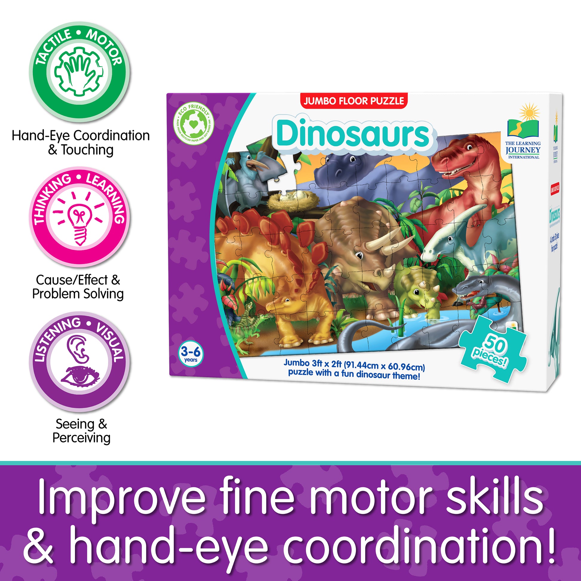Infographic of Jumbo Floor Puzzle - Dinosaurs' educational benefits that reads, "Improve fine motor skills and hand-eye coordination!"