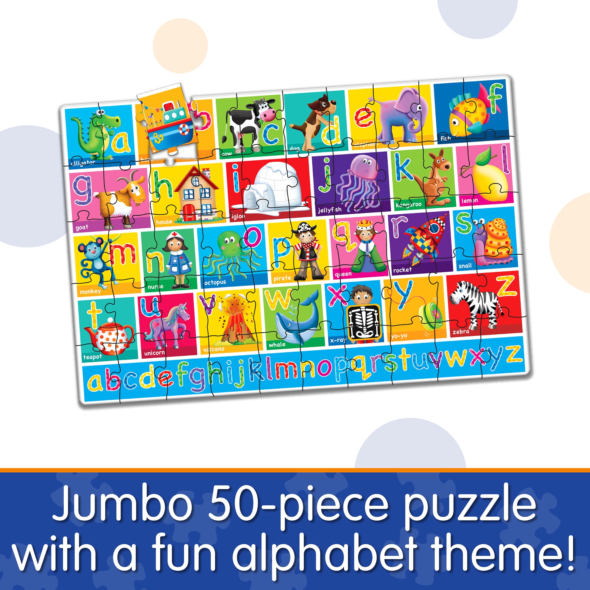 Infographic of Jumbo Floor Puzzle - Alphabet that reads, "Jumbo 50-piece puzzle with a fun alphabet theme!"