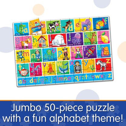 Infographic of Jumbo Floor Puzzle - Alphabet that reads, "Jumbo 50-piece puzzle with a fun alphabet theme!"