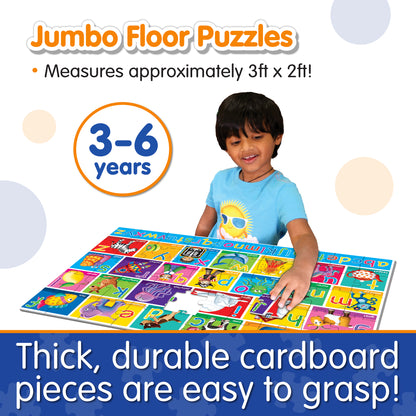 Infographic of young boy playing with Jumbo Floor Puzzle - Alphabet that reads, "Thick, durable cardboard pieces are easy to grasp!"