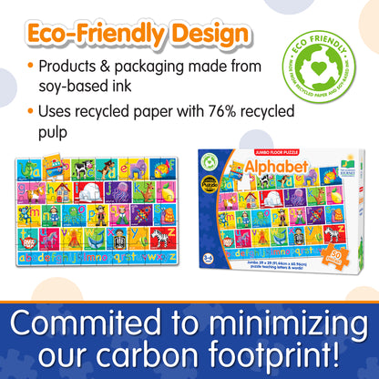 Infographic of Jumbo Floor Puzzle - Alphabet's eco-friendly design that reads, "Commited to minimizing our carbon footprint!"