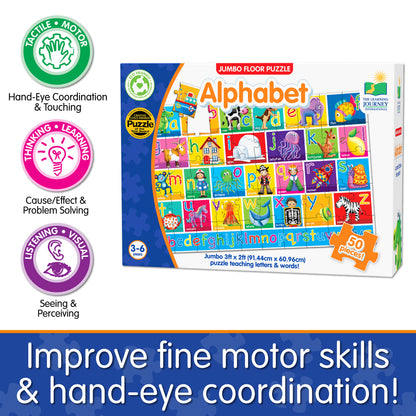 Infographic of Jumbo Floor Puzzle - Alphabet's educational benefits that reads, "Improve fine motor skills and hand-eye coordination!"