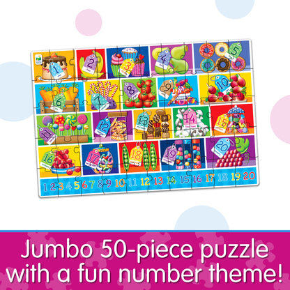 Infographic of Jumbo Floor Puzzle - Numbers that reads, "Jumbo 50-piece puzzle with a fun number theme!"
