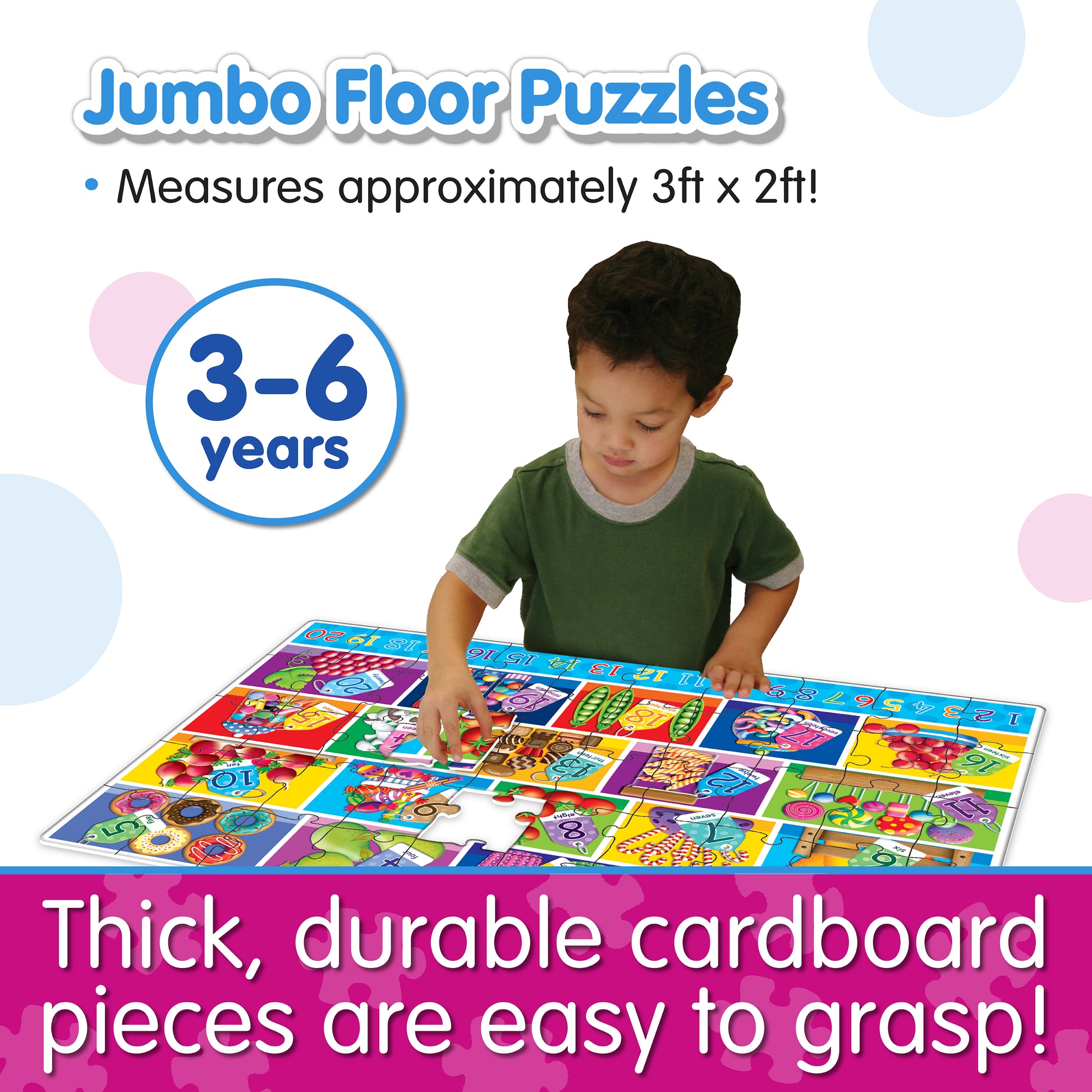 Infographic of young boy playing with Jumbo Floor Puzzle - Numbers that reads, "Thick, durable cardboard pieces are easy to grasp!"