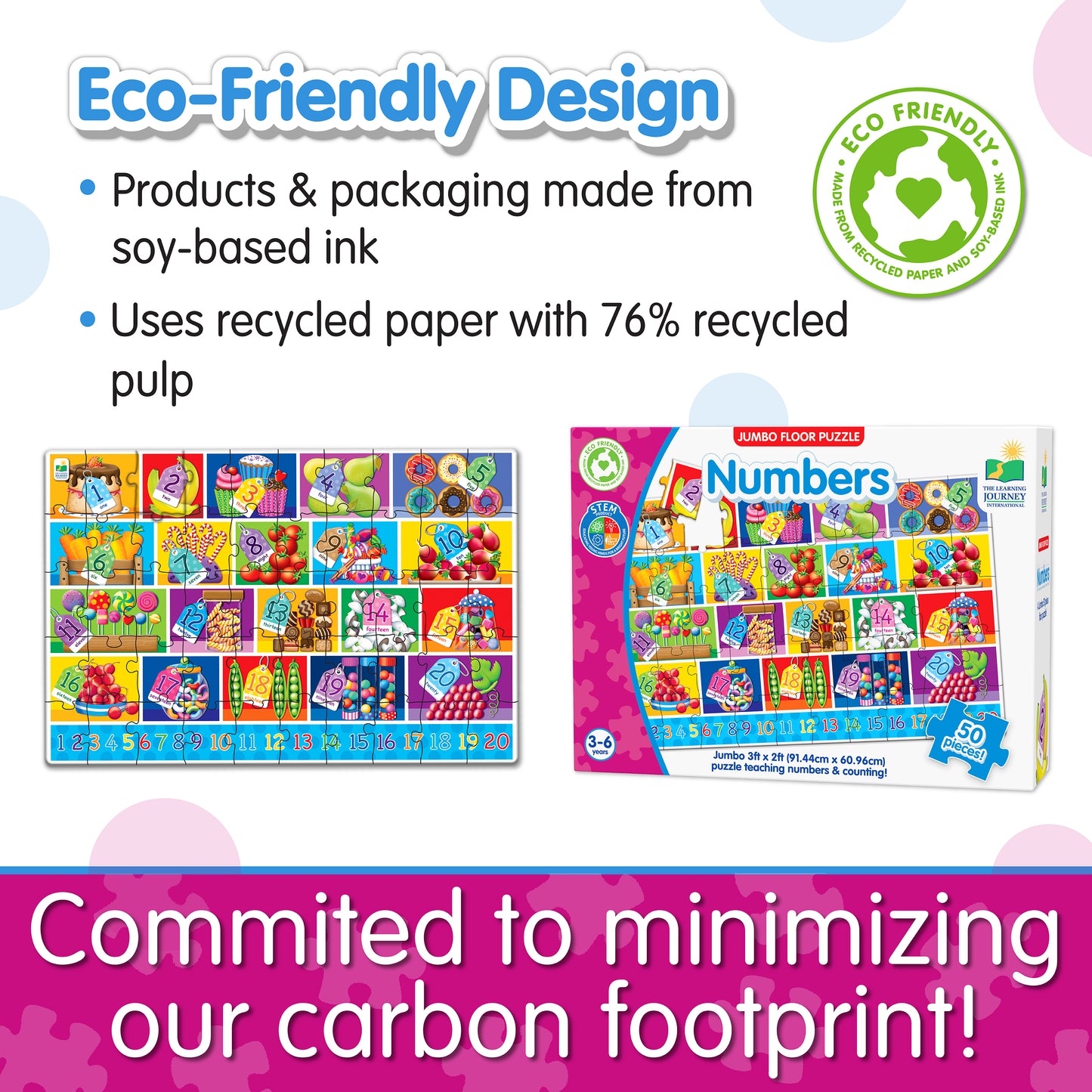 Infographic of Jumbo Floor Puzzle - Numbers' eco-friendly design that reads, "Committed to minimizing our carbon footprint!"