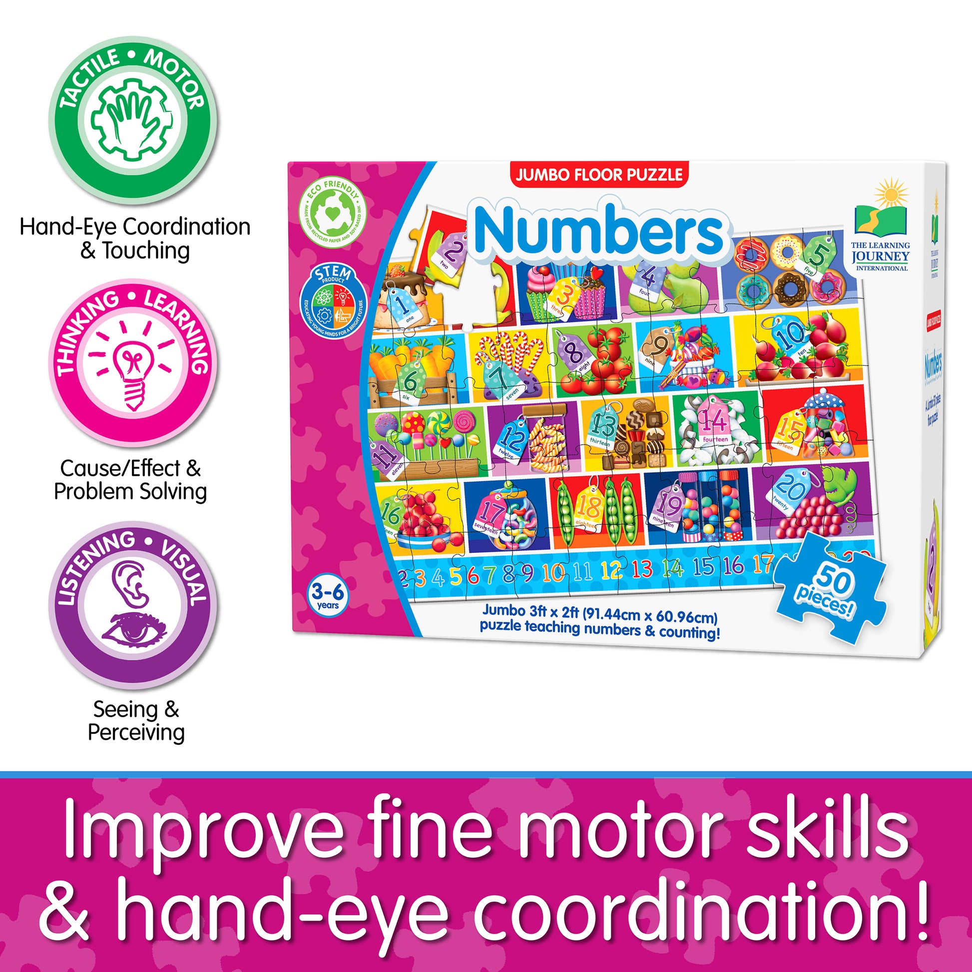 Infographic of Jumbo Floor Puzzle - Numbers' educational benefits that reads, "Improve fine motor skills and hand-eye coordination!"