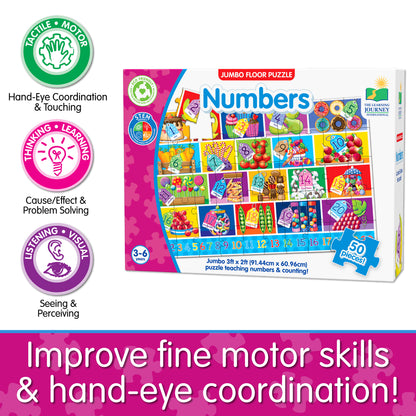 Infographic of Jumbo Floor Puzzle - Numbers' educational benefits that reads, "Improve fine motor skills and hand-eye coordination!"