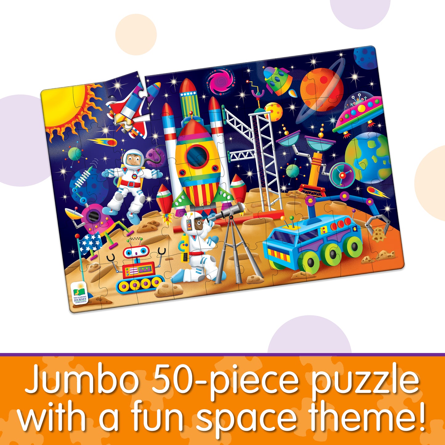 Infographic of Jumbo Floor Puzzle - Out In Space that reads, "Jumbo 50-piece puzzle with a fun space theme!"