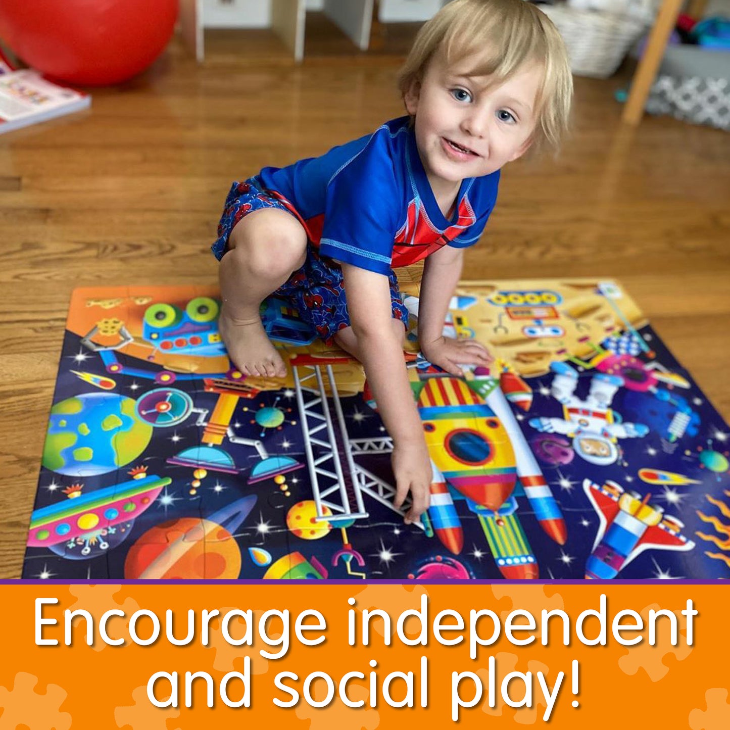 Infographic of young boy playing with Jumbo Floor Puzzle - Out In Space that reads "Encourage independent and social play!"