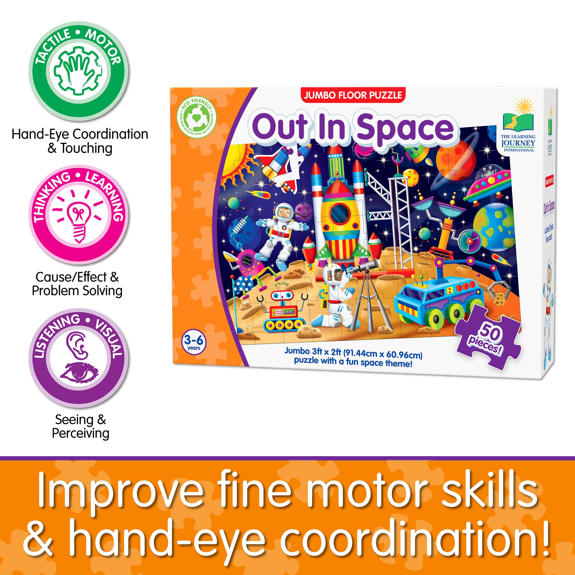 Infographic of Jumbo Floor Puzzle - Out In Space's educational benefits that reads, "Improve fine motor skills and hand-eye coordination!"