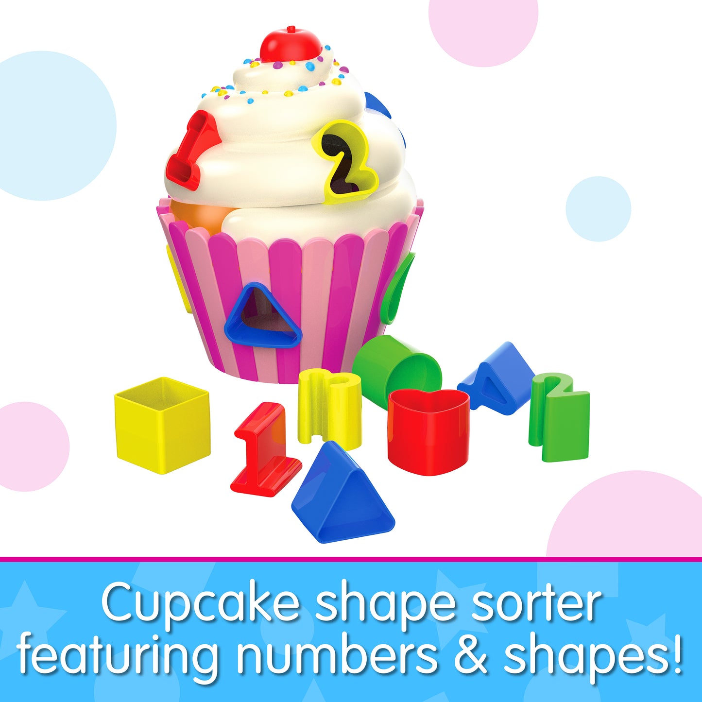 Infographic of Cupcake Shape Sorter that reads "Cupcake shape sorter featuring numbers and shapes!"