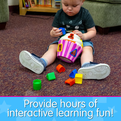 Infographic of young boy playing with Cupcake Shape Sorter that reads "Provide hours of interactive learning fun!"