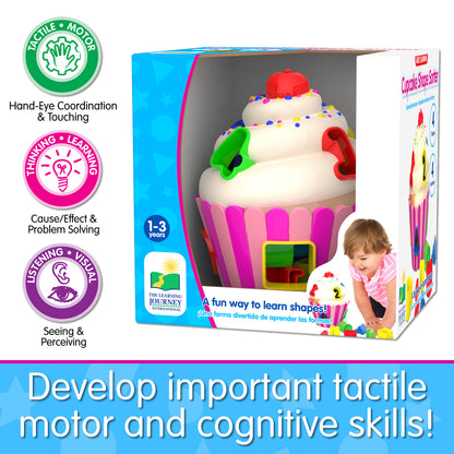 Infographic of Cupcake Shape Sorter's educational benefits that reads, "Develop important tactile motor and cognitive skills!"