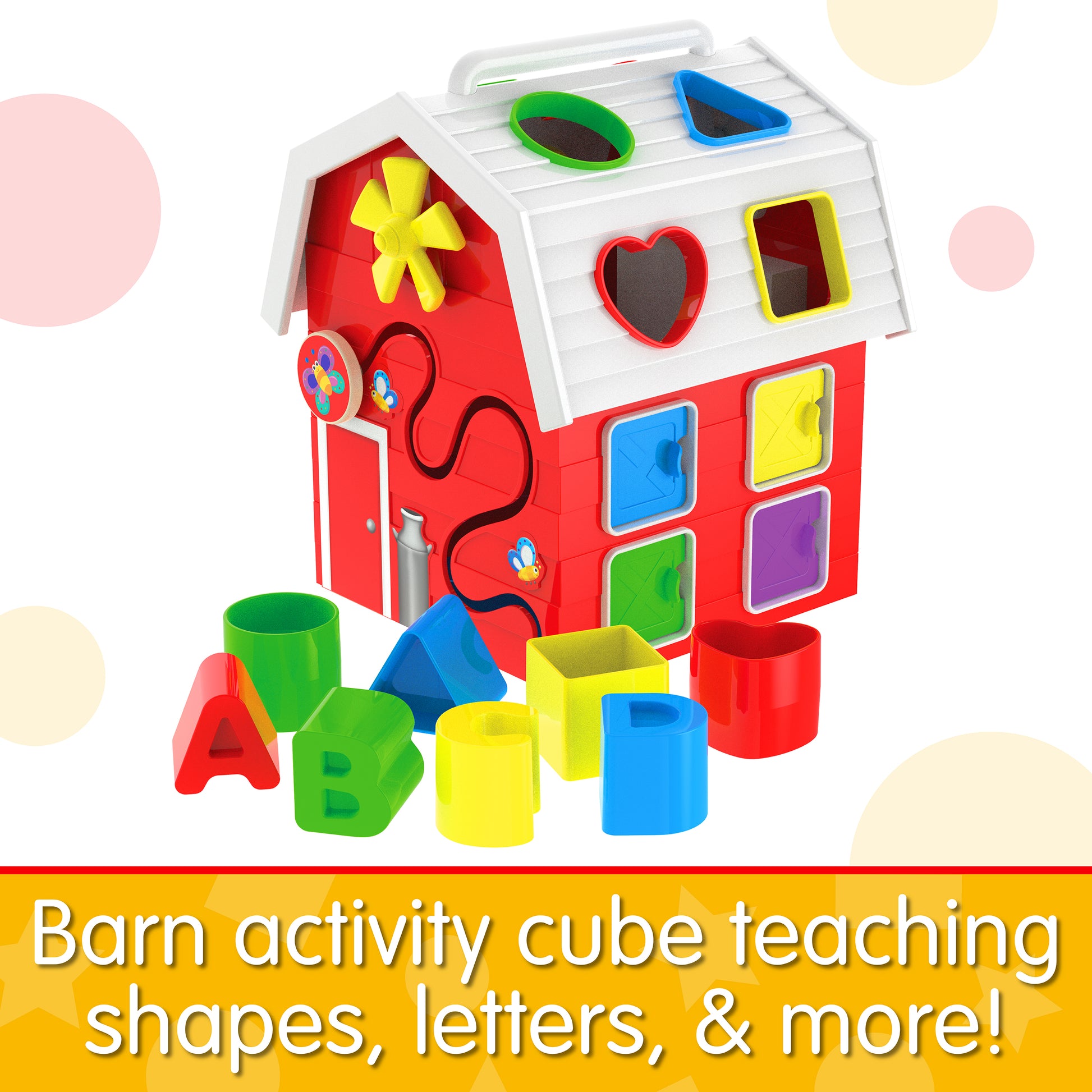 Infographic of Farm Activity Cube that reads, "Barn activity cube teaching shapes, letters, and more!"