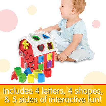 Infographic of baby playing with Farm Activity Cube that reads, "Includes 4 letters, 4 shapes, and 5 sides of interactive fun!"