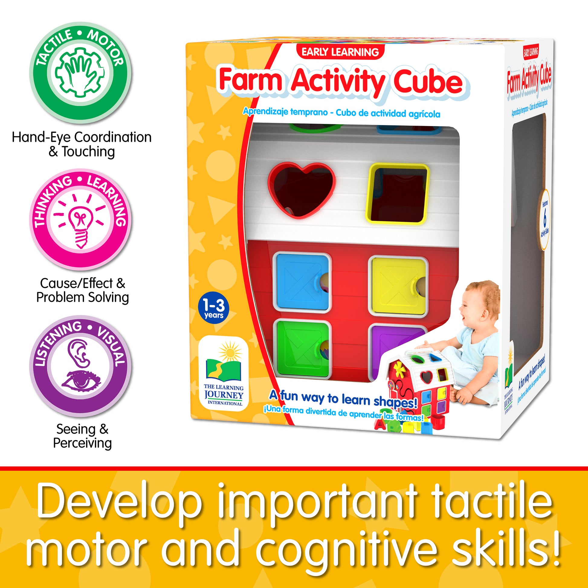 Infographic of Farm Activity Cube's educational benefits that reads, "Develop important tactile motor and cognitive skills!"