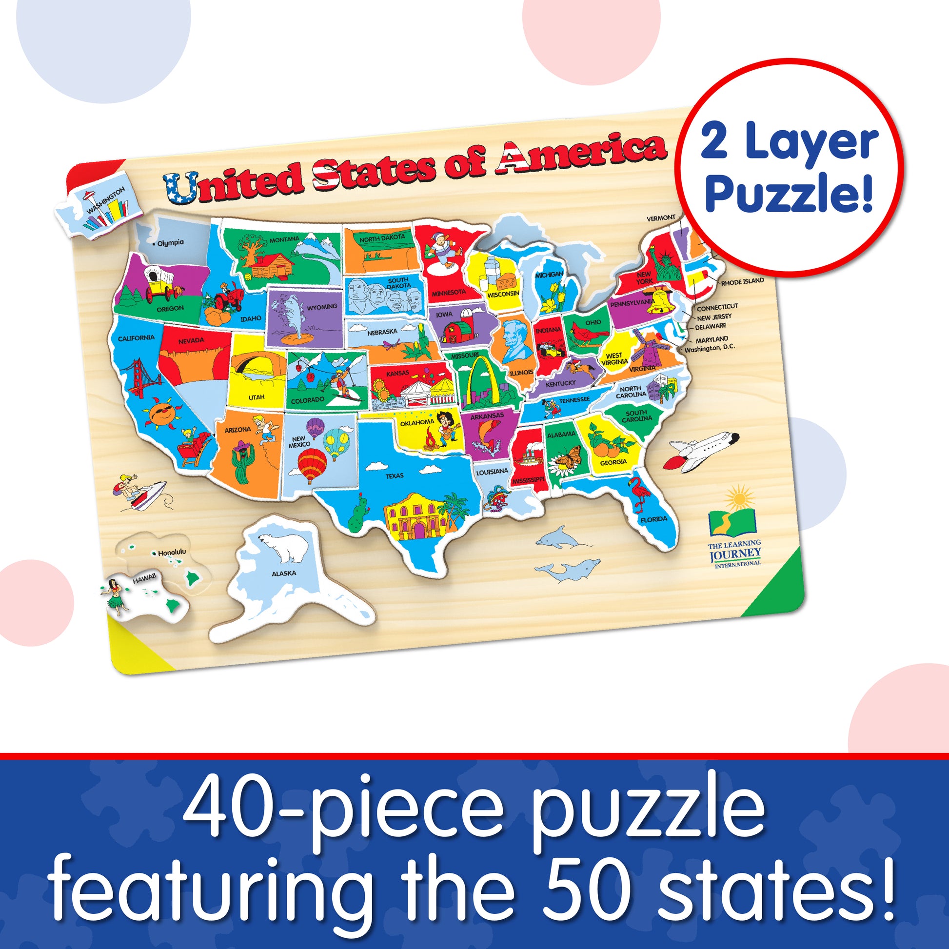 Infographic of Lift and Learn USA Map Puzzle that says, "40-piece puzzle features the 50 states!"