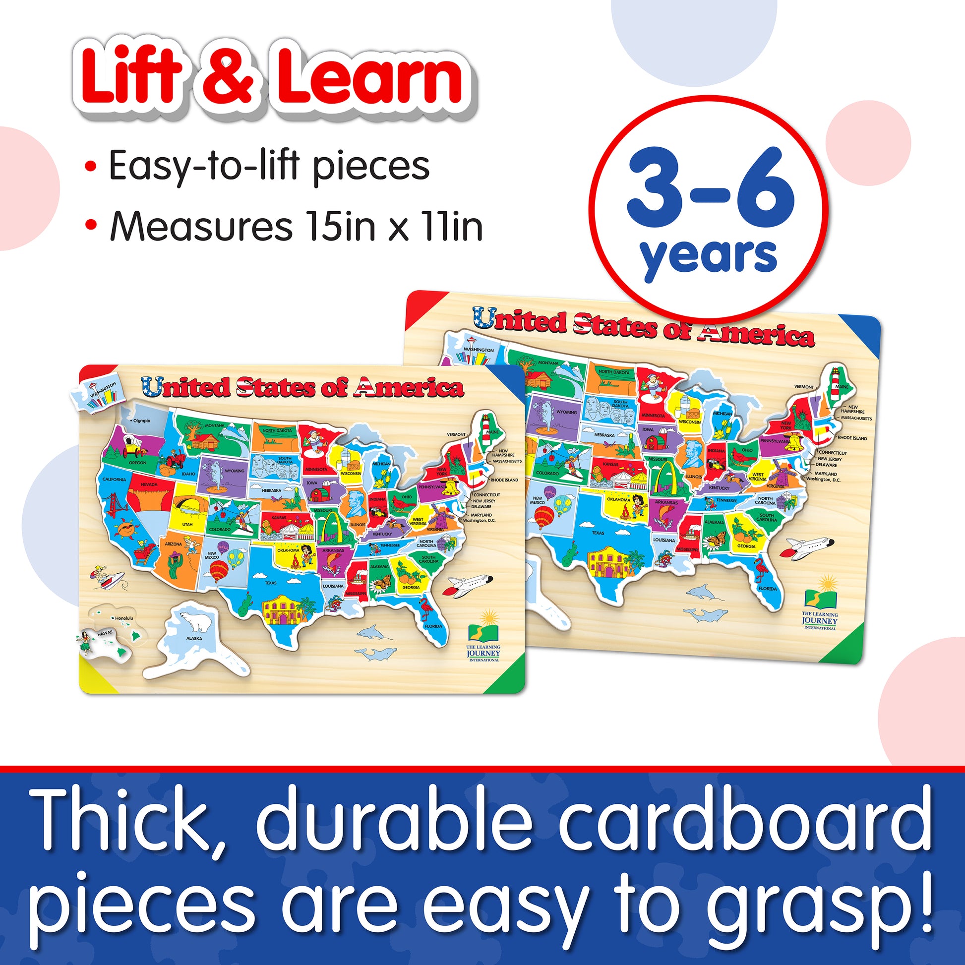 Infographic of Lift and Learn USA Map Puzzle's features that says, "Thick, durable cardboard pieces are easy to grasp!"