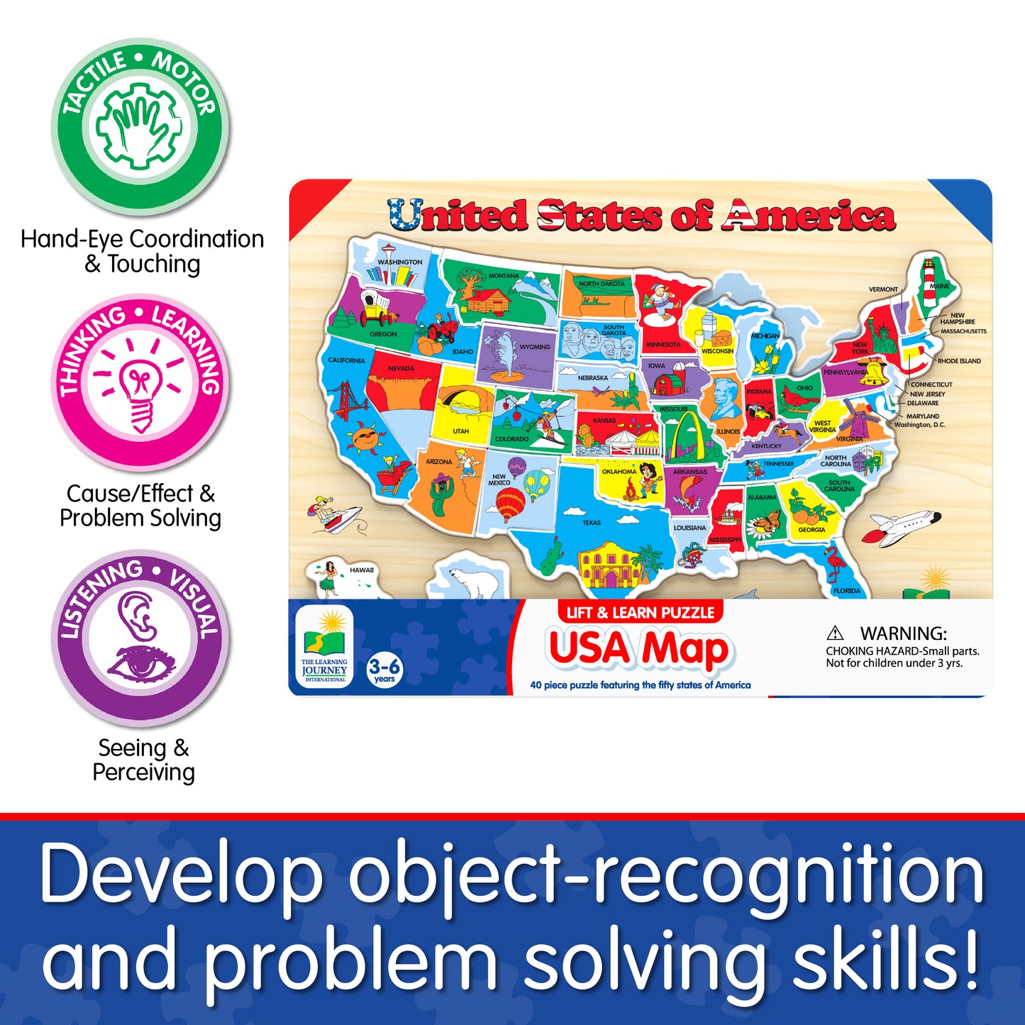 Infographic of Lift and Learn USA Map Puzzle's educational benefits that says, "Develop object-recognition and problem solving skills!"