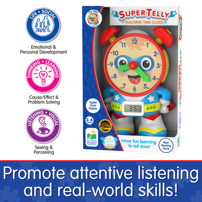 Infographic about Super Telly's educational benefits that says, "Promote attentive listening and real-world skills!"