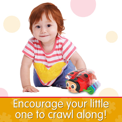 Infographic of young baby girl with Crawl About Ladybug that reads "Encourage your little one to crawl along!"