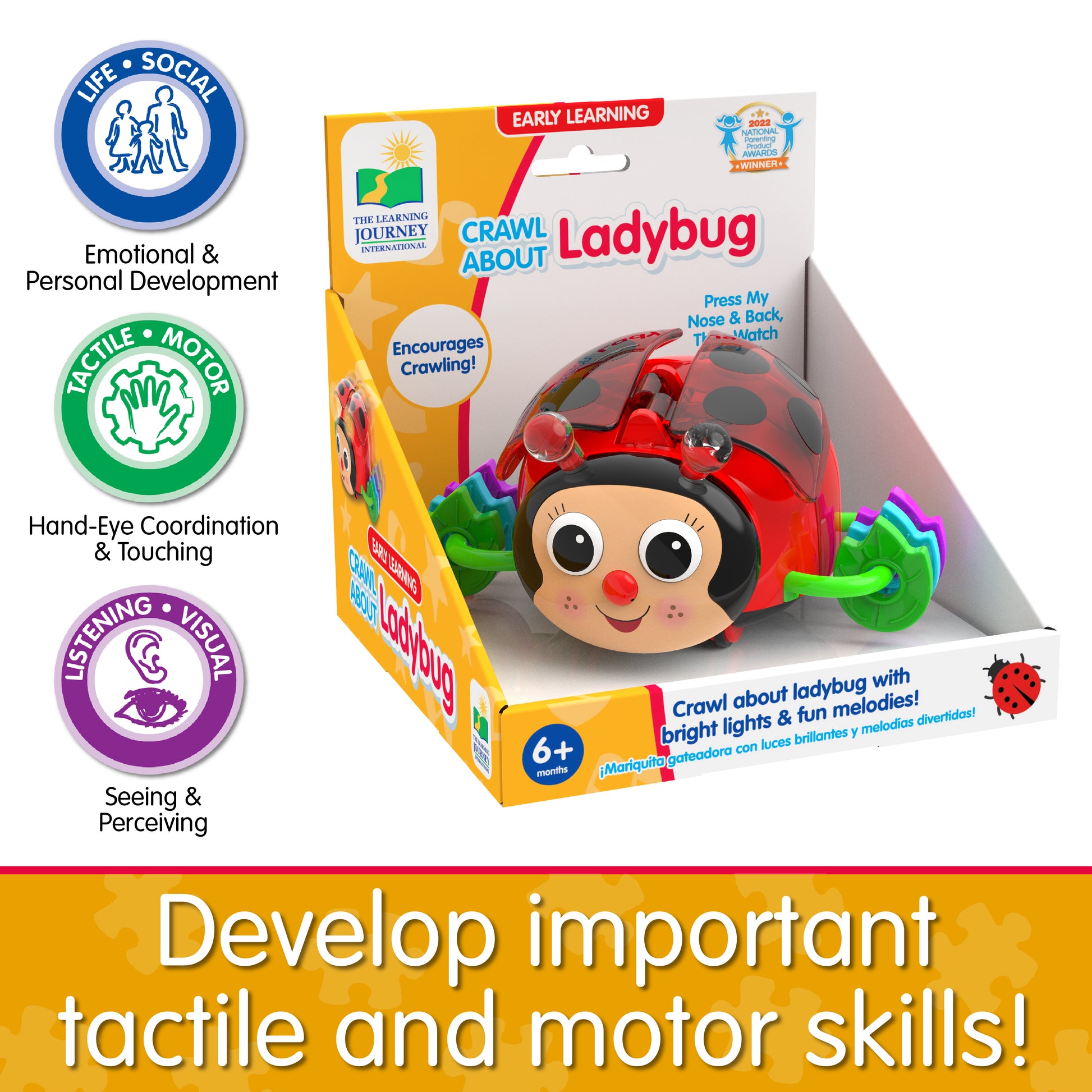 Infographic of Crawl About Ladybug's educational benefits that reads "Develop important tactile and motor skills!"