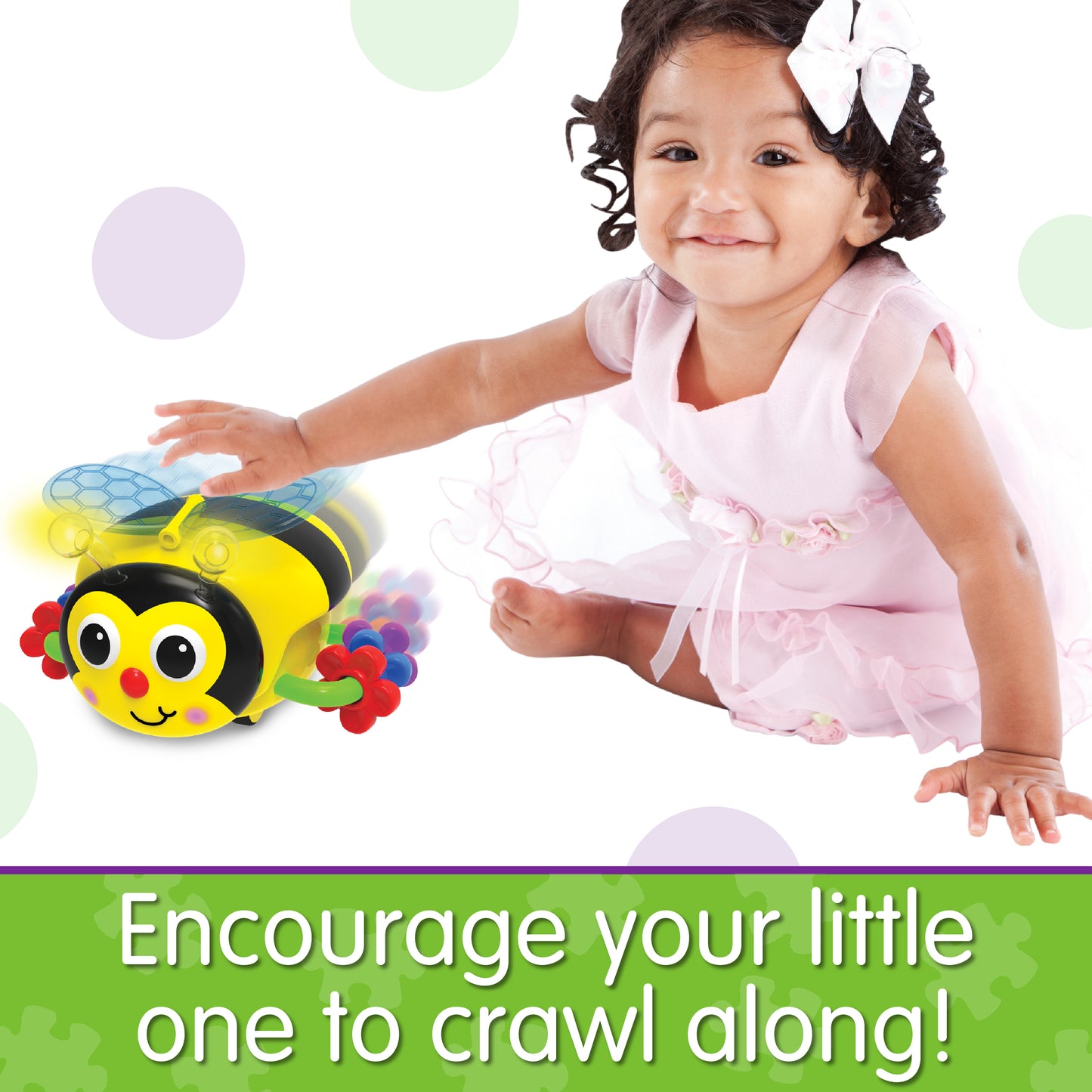 Infographic of young girl with Crawl About Bee that reads "Encourage your little one to crawl along!"