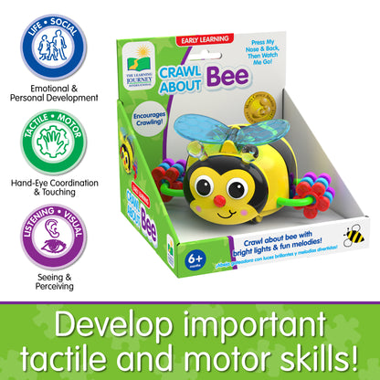 Infographic of Crawl About Bee's educational benefits that reads "Develop important tactile and motor skills!"