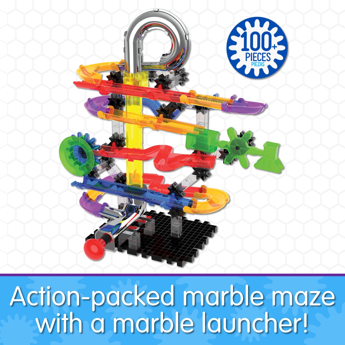 Infographic about HotShot that says, "Action-packed marble maze with a marble launcher!"