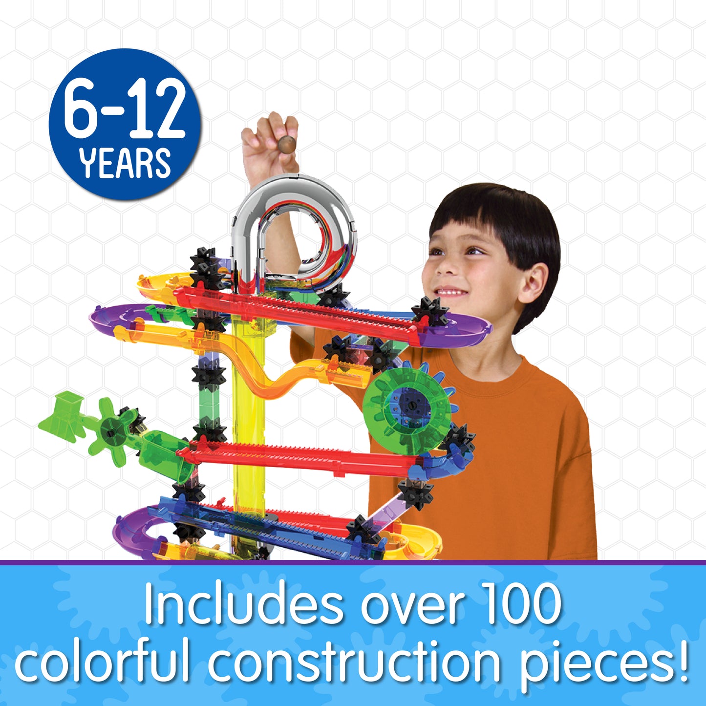 Infographic about HotShot that says, "Includes over 100 colorful construction pieces!"