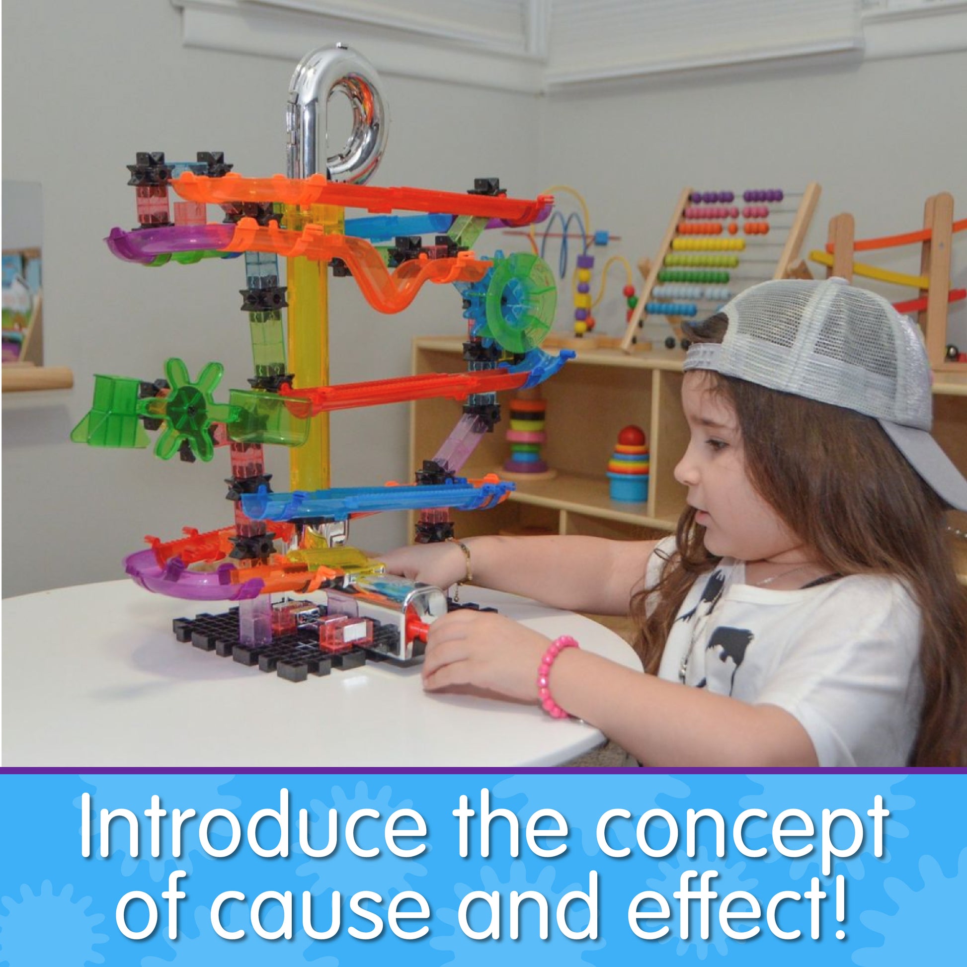 Infographic with young girl playing with HotShot that says, "Introduce the concept of cause and effect!"