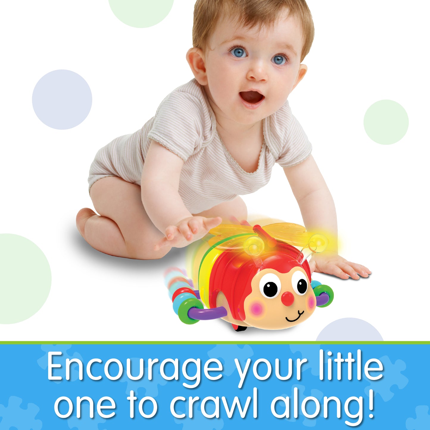 Infographic of young baby boy with Crawl About Butterfly that reads "Encourage your little one to crawl along!"