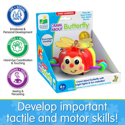 Infographic of Crawl About Butterfly's educational benefits that reads "Develop important tactile and motor skills!"