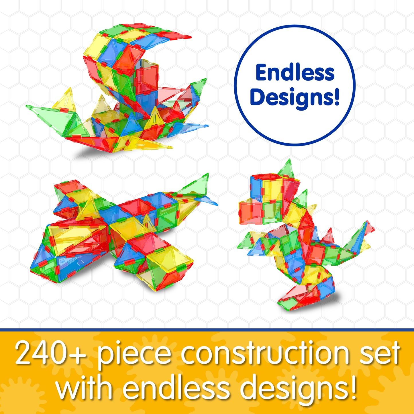 Infographic about Techno Tiles that says, "240+ piece construction set with endless designs!"