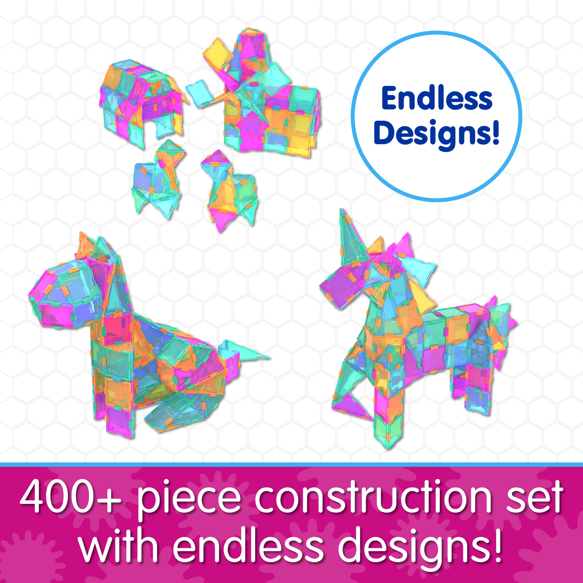Infographic about Techno Tiles Super Set that says, "400+ piece construction set with endless design!"