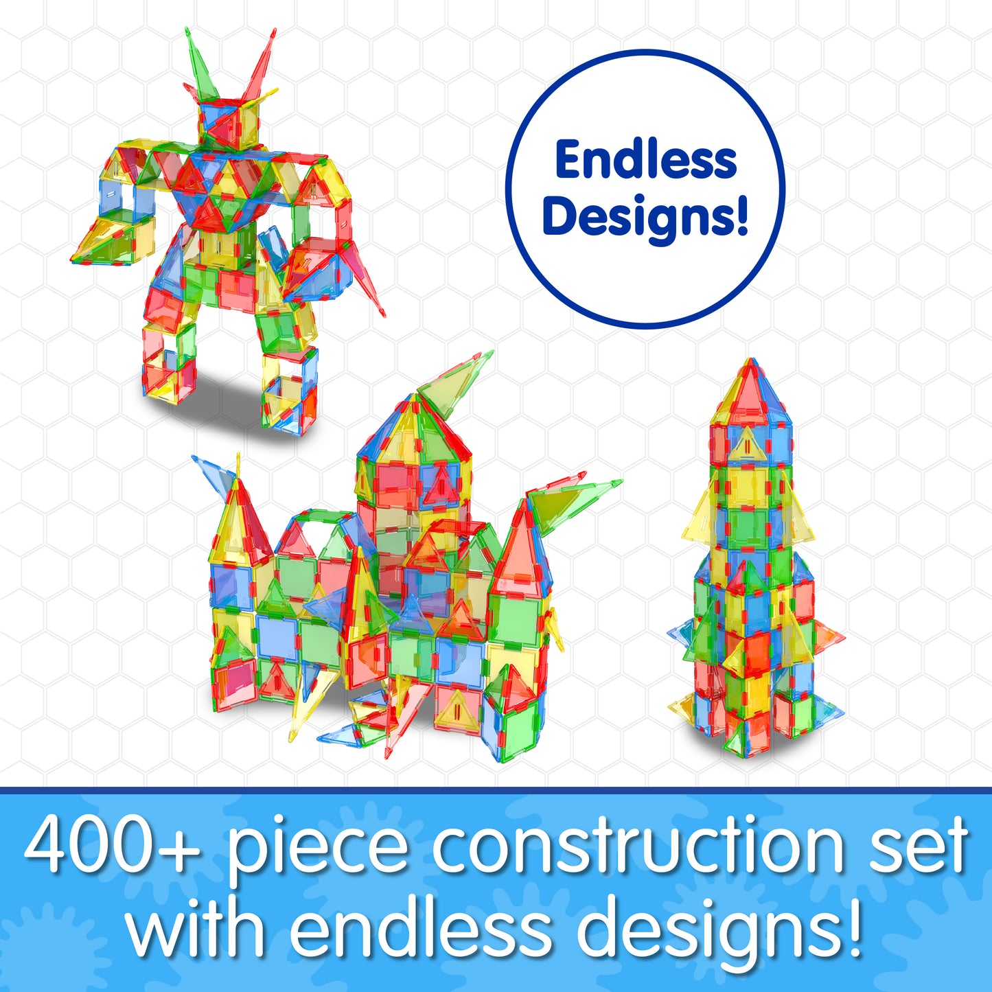 Infographic about Techno Tiles Super Set that says, "400+ piece construction set with endless designs!"