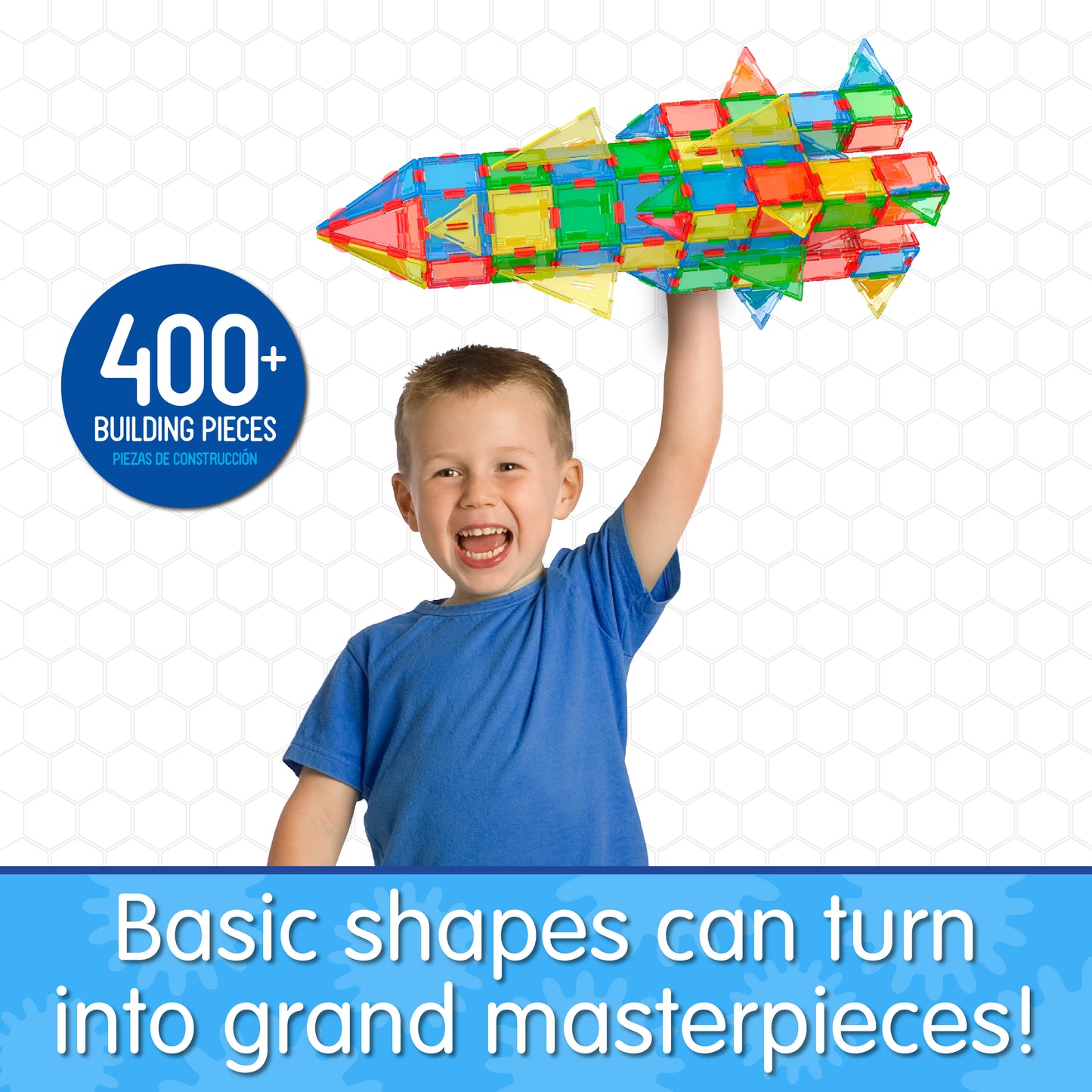 Infographic about Techno Tiles Super Set that says, "Basic shapes can turn into grand masterpieces!"
