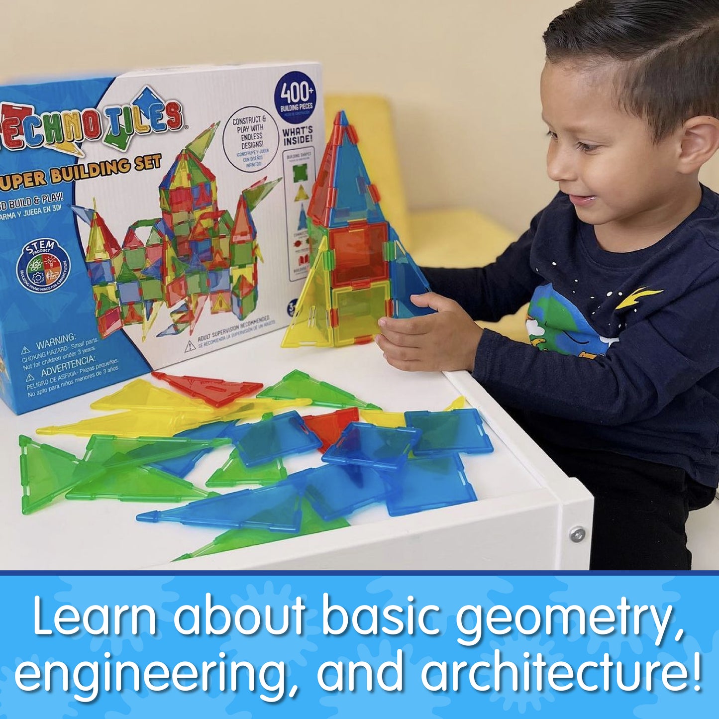 Infographic with little boy playing with Techno Tiles Super Set that says, "Learn about basic geometry, engineering, and architecture!"