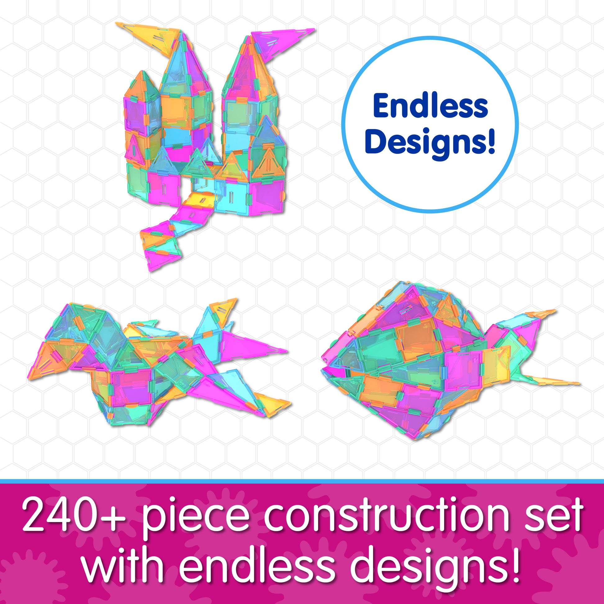 Infographic about Techno Tiles that says, "240+ piece construction set with endless designs!"