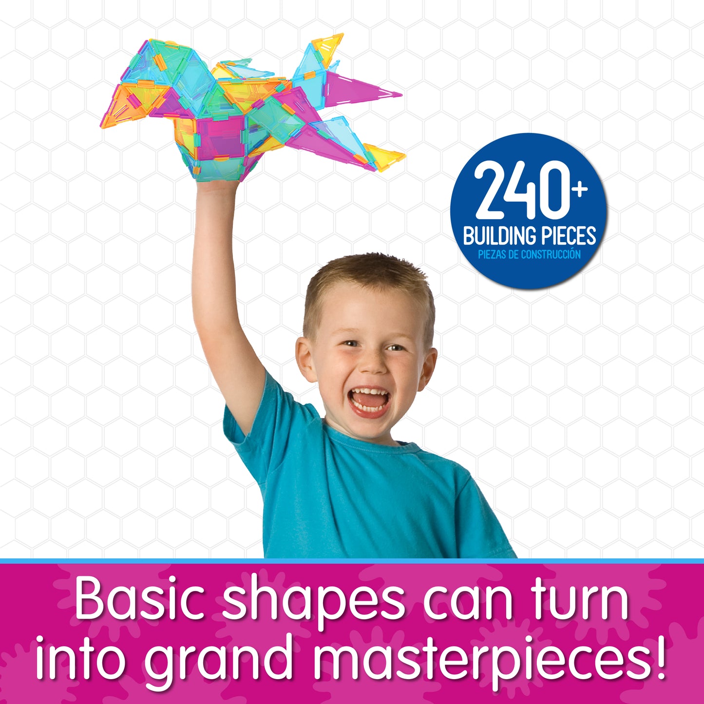Infographic about Techno Tiles that says, "Basic shapes can turn into grand masterpieces!"
