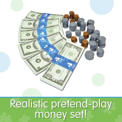 Infographic of Kid's Bank - Play Money Set that reads, "Realistic pretend-play money set!"