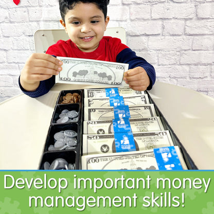 Infographic of young boy playing with Kid's Bank - Play Money Set that reads "Develop important money management skills!"