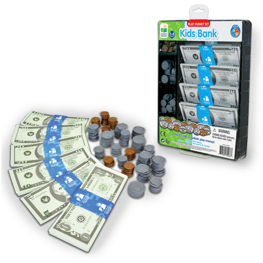 Kid's Bank - Play Money Set product and packaging.