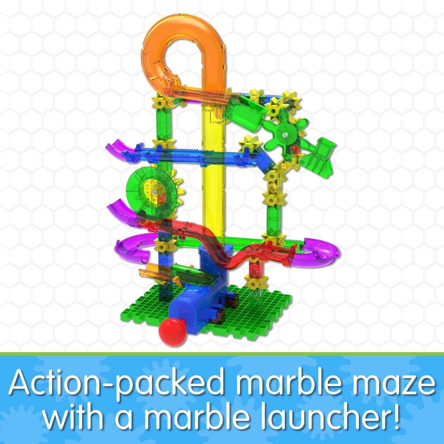 Infographic about Xpress that says, "Action-packed marble maze with a marble launcher!"